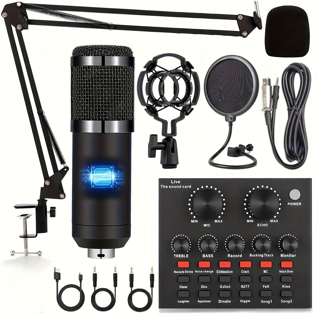 Kit completo de podcasting con micrófono BM800, tarjeta de sonido V8 y cambiador de voz, alimentado por USB o batería, ideal para grabar, cantar, transmitir en vivo y jugar, color negro