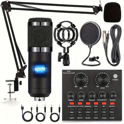Kit completo de podcasting con micrófono BM800, tarjeta de sonido V8 y cambiador de voz, alimentado por USB o batería, ideal para grabar, cantar, transmitir en vivo y jugar, color negro
