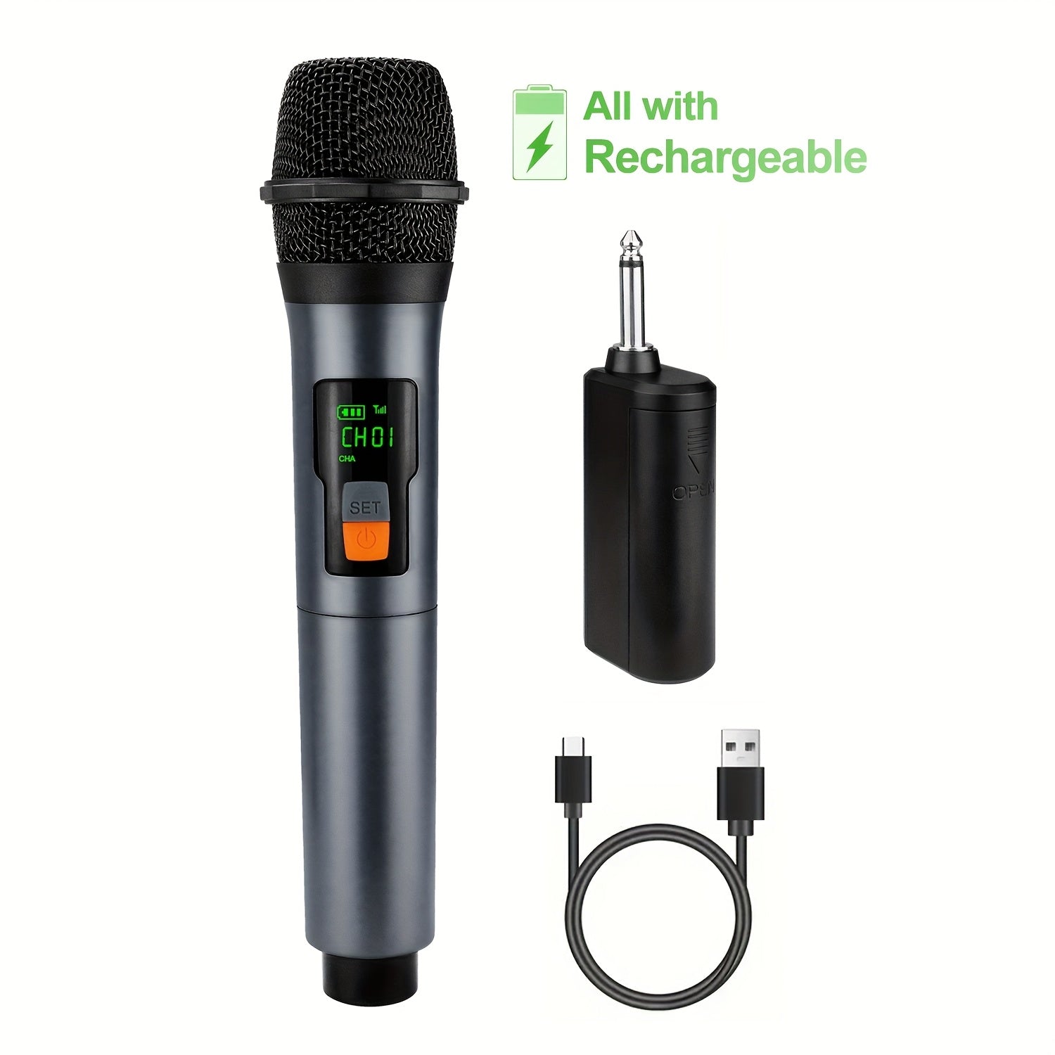 Sistema de micrófono inalámbrico Heikuding E02, color gris, con batería recargable, tecnología inalámbrica 2.4GHz, pantalla LCD, funciones de silencio y bloqueo, carga USB-C, incluye filtro antipop y pantalla antiviento, ideal para podcasting, grabación