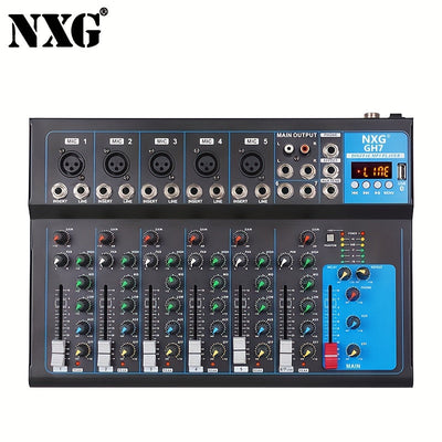 1pc NXG Consola de mezcla digital profesional de 7 canales, material aleación, fuente de alimentación de 220-240V CA, enchufe estándar europeo, para grabación de micrófono, mezcla de DJ, sistema de sonido en vivo - Negro