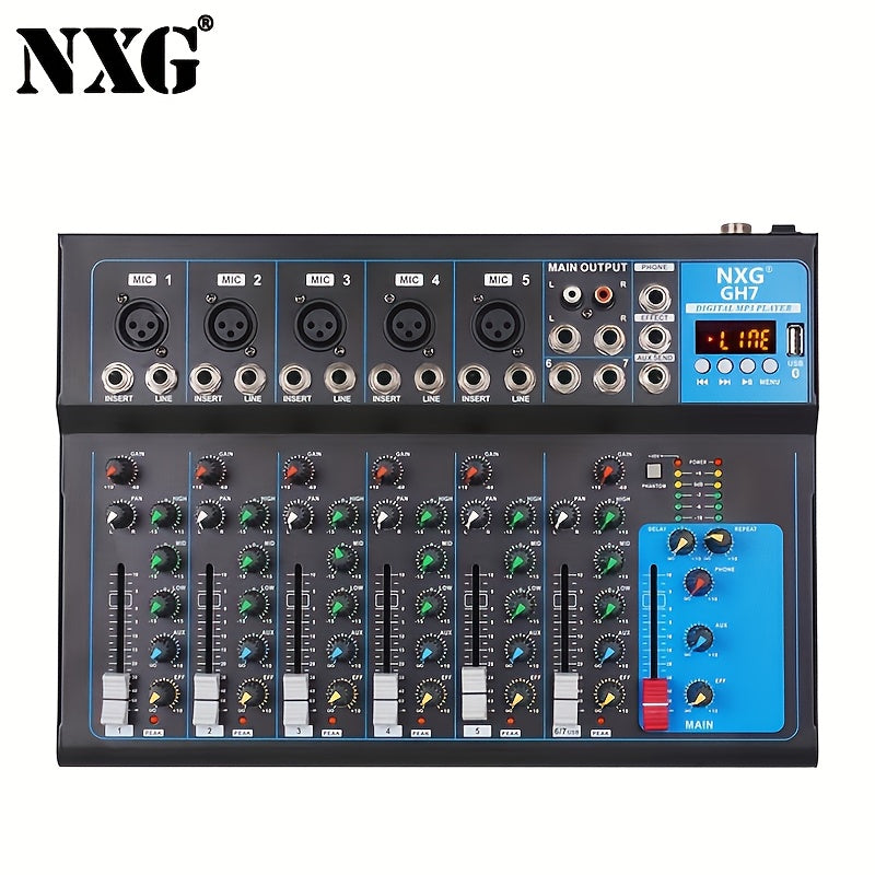 1pc NXG Consola de mezcla digital profesional de 7 canales, material aleación, fuente de alimentación de 220-240V CA, enchufe estándar europeo, para grabación de micrófono, mezcla de DJ, sistema de sonido en vivo - Negro