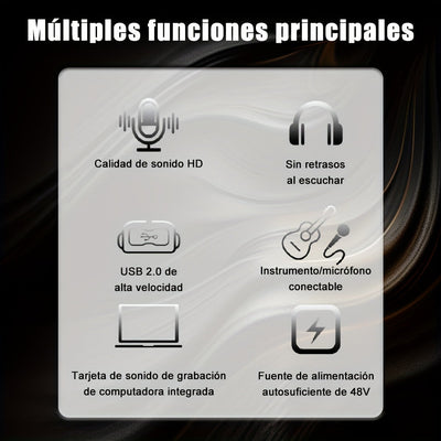 Interfaz de audio de 2 canales con tarjeta de sonido con pantalla, mezclador de estudio de grabación profesional para guitarra eléctrica, grabación in situ, 24 bits/196 kHz para grabación de música, interfaz XLR con alimentación fantasma de 48, caja de a