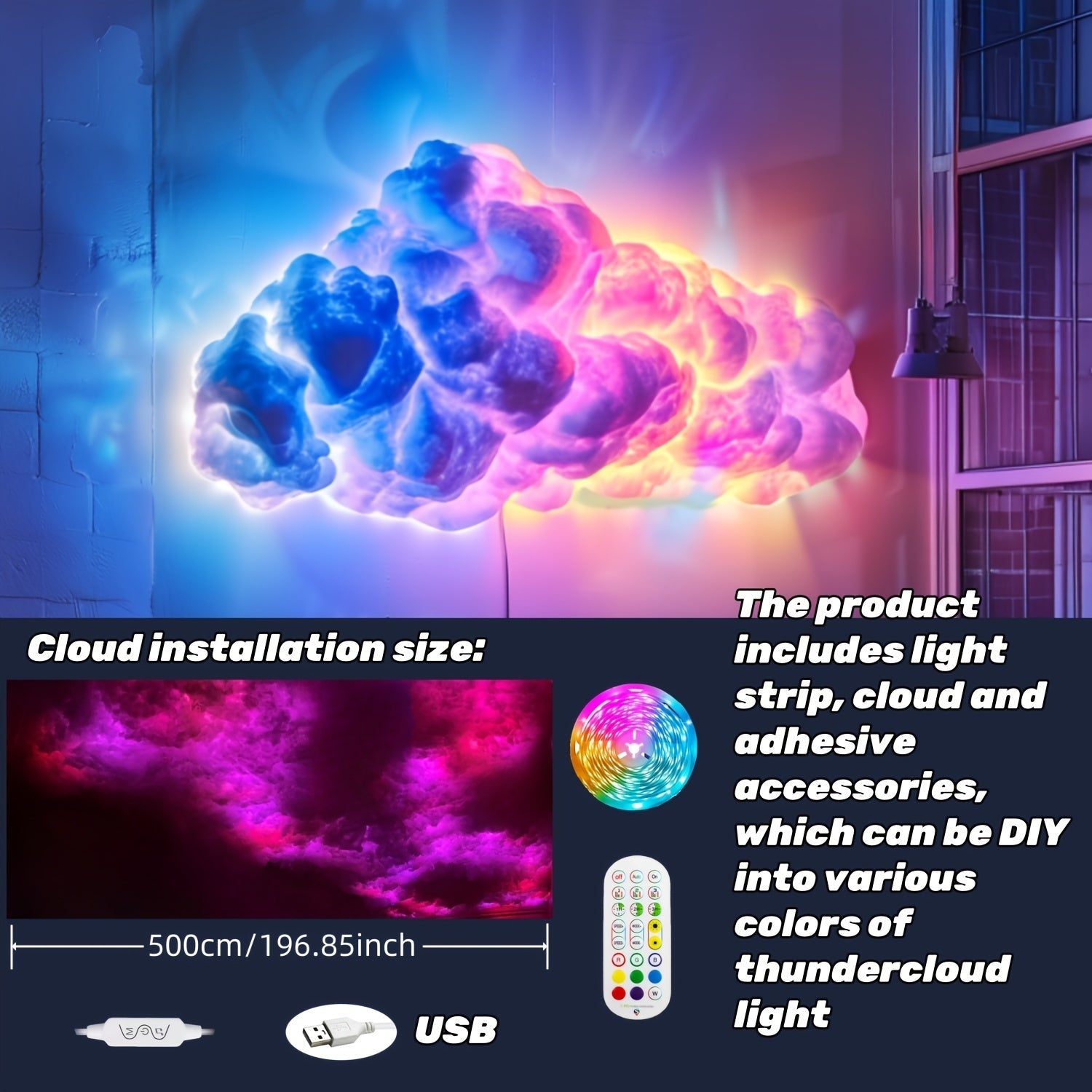 Tira de luces multicolor de 4.88 metros Gran Nube: sincronización con música, altura ajustable, control remoto y alimentación USB, ideal para decoración de habitaciones, oficinas, hoteles, fiestas o restaurantes, regalo perfecto para Navidad
