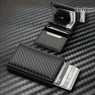 Billetera delgada para hombres con bloqueo RFID - Portatarjetas de aluminio negro, ligero y seguro para viajes, camping y uso diario