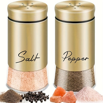 Juego de frascos para sal y pimienta, frascos de vidrio con tapa de acero inoxidable, ideal para cocina, herramientas pequeñas, mesa de cocina, RV, camping y barbacoa, diseño rellenable (2 piezas = 1 juego)