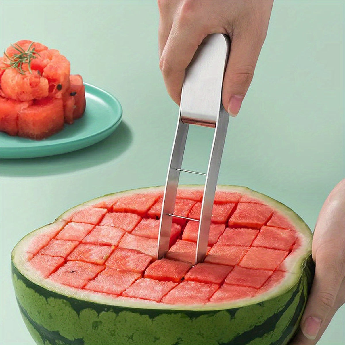 Cortador de sandía de acero inoxidable 304 - Herramienta manual sin esfuerzo para cubos perfectos, ideal para pícnic y fiestas, esenciales para pícnic | Herramienta de cocina moderna | Construcción duradera, cortador de sandía