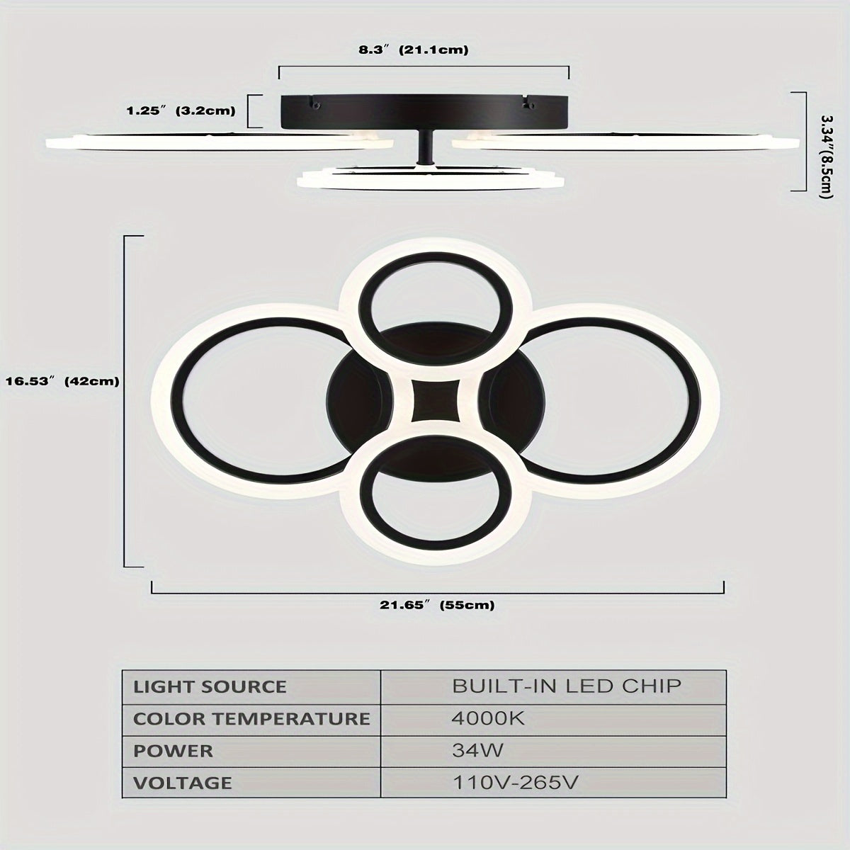 Luminaria de techo LED moderna - Sombra de acrílico de 4 anillos, montaje semibrillo, iluminación superior desmontable de 4000K no regulable para cocina, sala de estar, dormitorio, lavandería - Iluminación de área interior, cableado, incluye hardware de