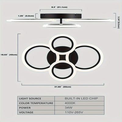 Luminaria de techo LED moderna - Sombra de acrílico de 4 anillos, montaje semibrillo, iluminación superior desmontable de 4000K no regulable para cocina, sala de estar, dormitorio, lavandería - Iluminación de área interior, cableado, incluye hardware de