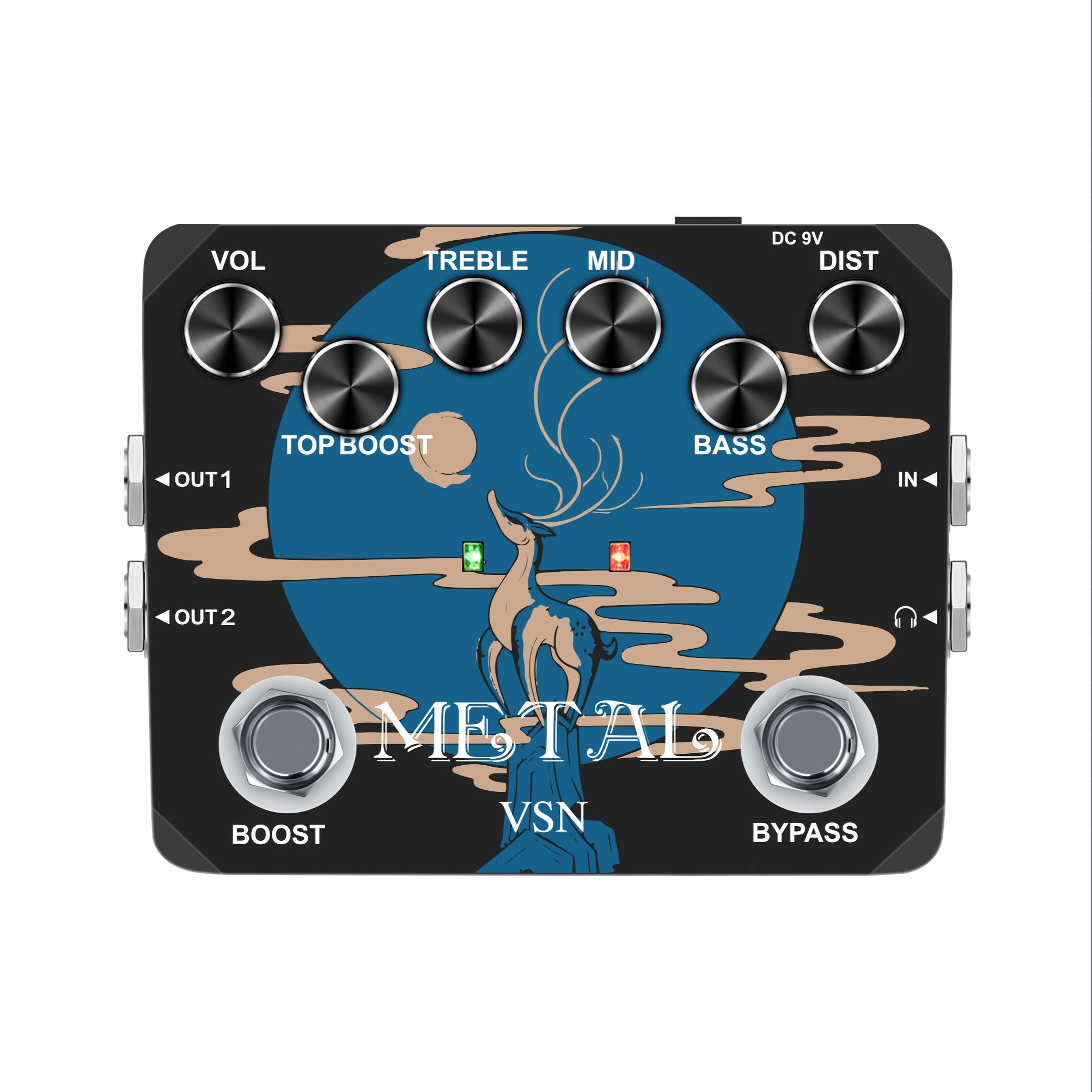 Pedal de Guitarra VSN Heavy Metal con True Bypass, Sonidos Vintage de los 80s/90s, Alimentación USB (Sin Adaptador Incluido), Controles EQ (Agudos/Medios/Bajos/Aumento/Volumen/Distorción), Muff Top Boost Integrado para Guitarras Eléctricas, Rock, Metal,