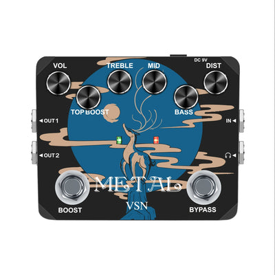Pedal de Guitarra VSN Heavy Metal con True Bypass, Sonidos Vintage de los 80s/90s, Alimentación USB (Sin Adaptador Incluido), Controles EQ (Agudos/Medios/Bajos/Aumento/Volumen/Distorción), Muff Top Boost Integrado para Guitarras Eléctricas, Rock, Metal,