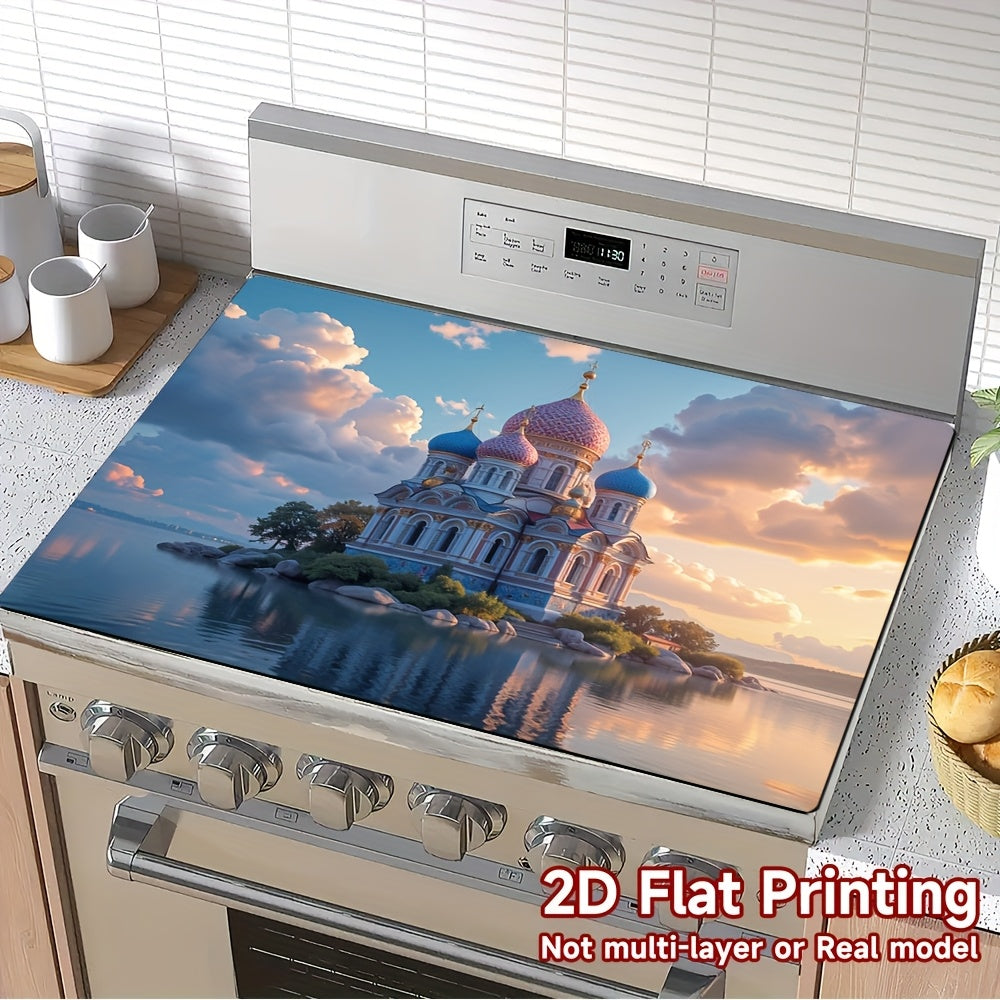 2D Plano, 1 Pieza, Diseño de Castillo Fantasía de Puesta de Sol de Otoño, Protector de Cubierta de Horno - Protector de Encima de Horno de Poliéster de Impresión 2D Plana para Electrodomésticos de Cocina, Lavadora, Secadora, Panel de Horno, Protector de
