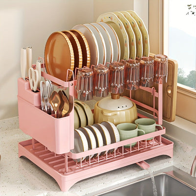 Estante de secado de platos de metal de 2 niveles con escurridor, estante de platos de cocina multifuncional con soporte para utensilios y tazas, ahorro de espacio, a prueba de óxido, negro