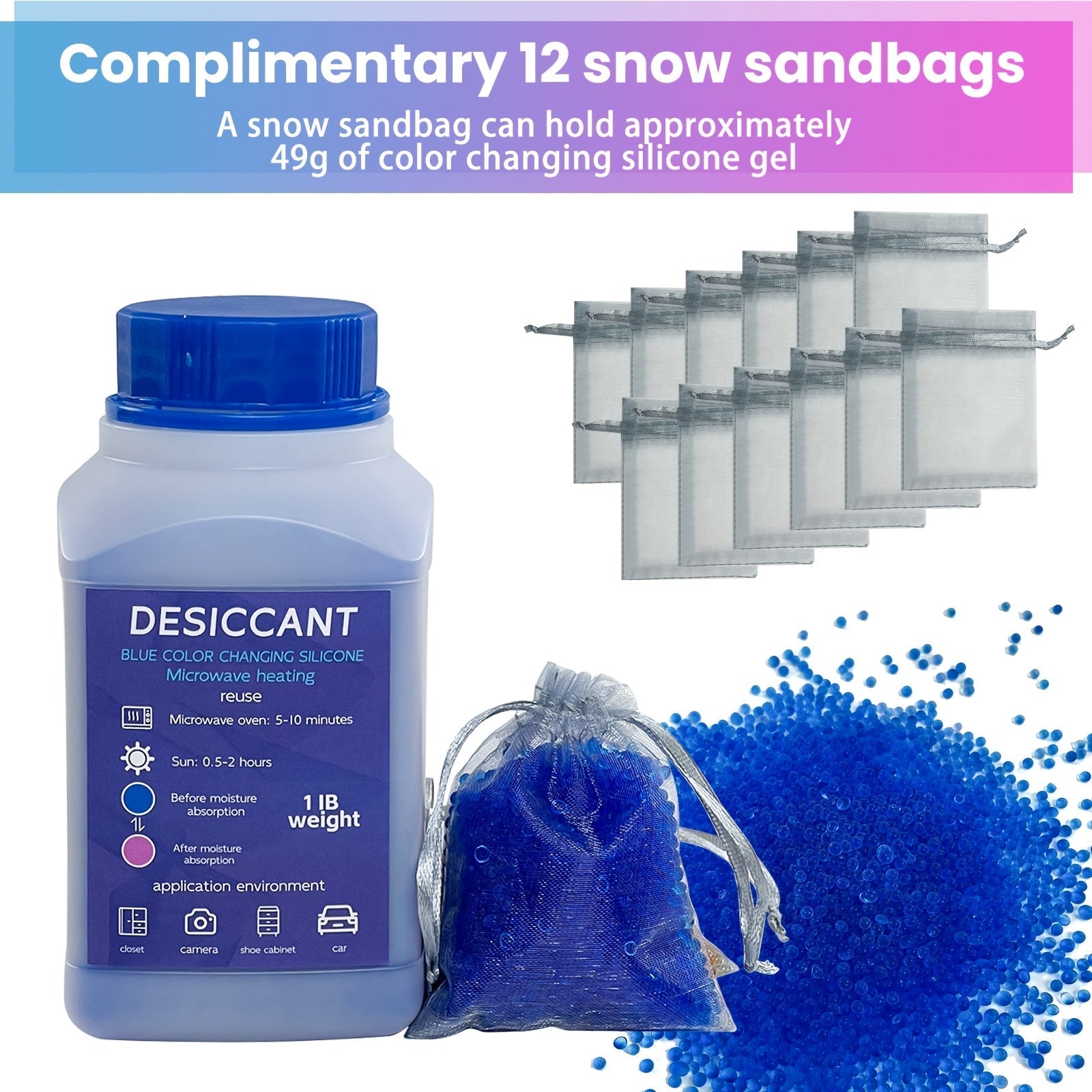 453,59 g de bolsa desecante de silicona azul para el hogar con 12 bolsas de malla - Cambio de color, absorción de humedad, eliminación de olores, ideal para autocaravanas, dormitorios y espacios interiores, control de humedad | Claridad de humedad | Desh