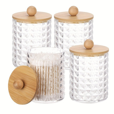 4 frascos dispensadores para bolas de algodón, hisopos, discos redondos y palillos de hilo dental - Frasco de plástico de 10 oz con tapa marrón para organización en el baño