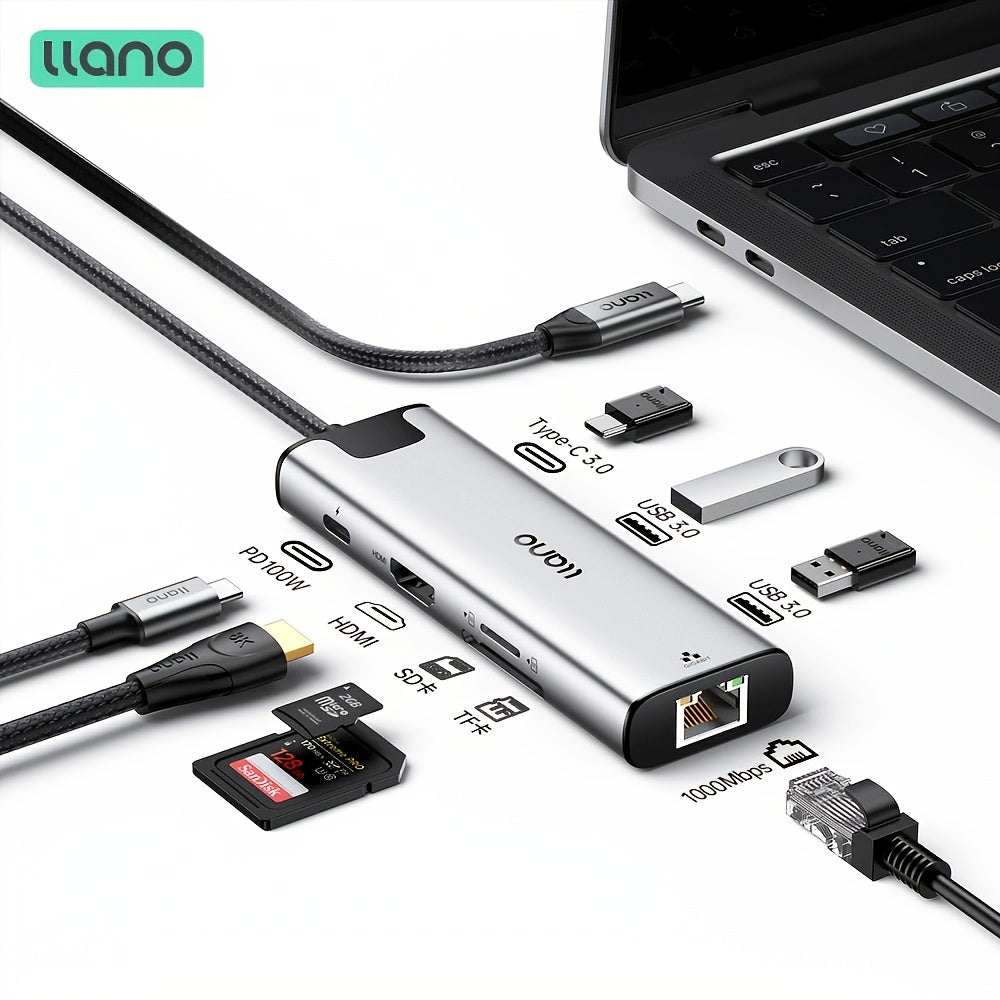 Base de Enchufe LLANO 8-en-1 USB-C/Type-C con Puerto Gigabit Ethernet, HDTV 4K@30Hz, Carga PD de 100W, Lector de Tarjetas SD/TF, 2 Puertos USB 3.0, Puerto Type-C3.0