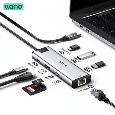 Base de Enchufe LLANO 8-en-1 USB-C/Type-C con Puerto Gigabit Ethernet, HDTV 4K@30Hz, Carga PD de 100W, Lector de Tarjetas SD/TF, 2 Puertos USB 3.0, Puerto Type-C3.0