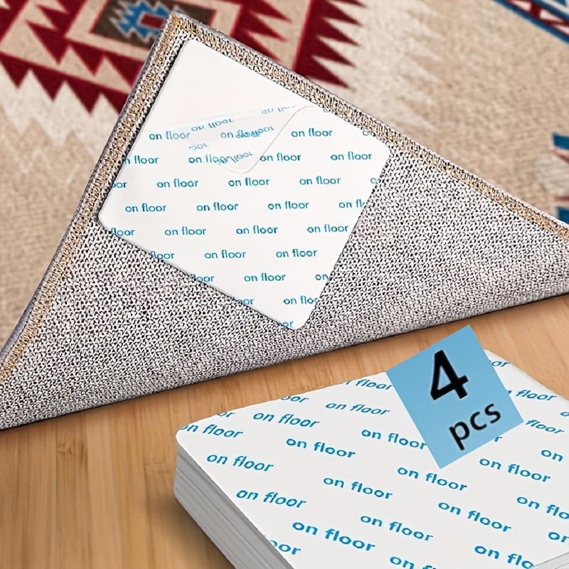 Juego de 4 Sujeta Alfombras para Alfombra, Pegatinas Antideslizantes para Pisos de Madera y Azulejos, Cinta Adhesiva Reutilizable para Áreas de Alfombra, Cortable, Adecuada para Diversos Tipos de Alfombras Irregulares, Soporte de Esquina con Adhesivo de