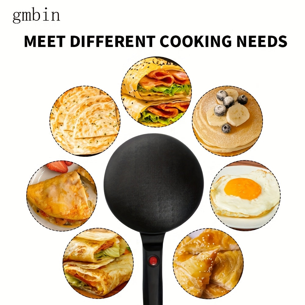 Sartén Redonda Antiadherente gmbin con Mango Rojo - Ideal para Crepes, Tortillas y Wafles, Calentamiento de un Solo Lado, 110V, 1000W, Enchufe de EE. UU., Sin Conversión Necesaria, Diámetro de 9,84 Pulgadas, Perfecto para Desayuno y Meriendas, Esenciales