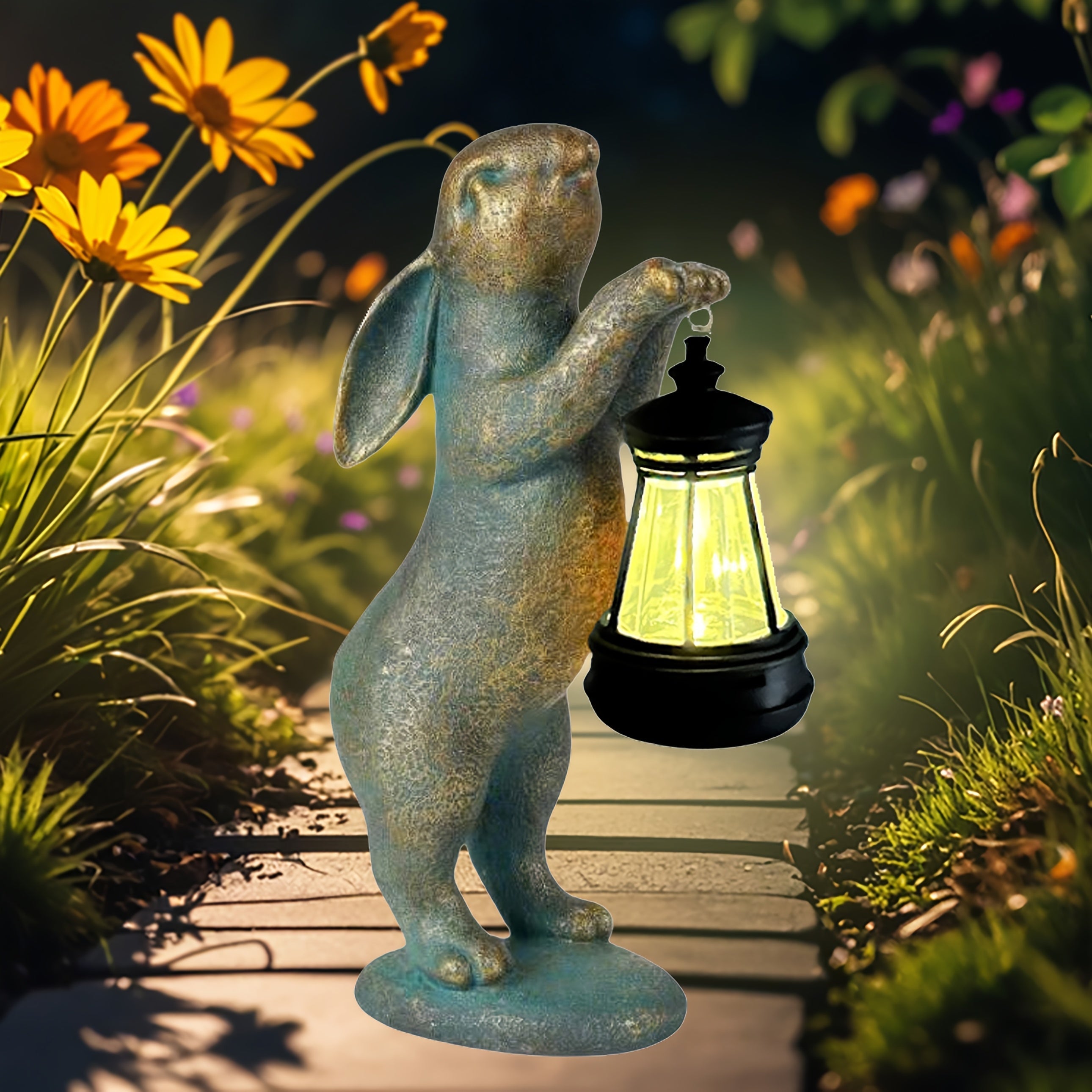 1 pieza de lámpara de resina con energía solar, conejo de bronce vintage con gafas y sombrero, estatua decorativa para jardín al aire libre, acabado encaustico, regalo de Día de la Madre y vacaciones para amigos, iluminación de jardín | Lámpara vintage |