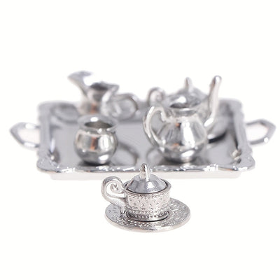 10 Piezas de Juego de Taza y Platillo Metálico Plateado en Escala 1/12 para Exhibición