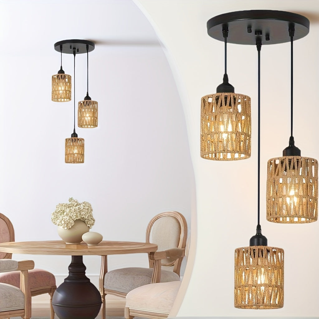 1 lámpara de techo bohemio de 3 luces con sombra tejida en mimbre - Decoración moderna para comedor, cocina y dormitorio - Base E27 (bombillas no incluidas) - Montaje semiempotrado, fácil instalación, diseño ligero de mimbre | Accesorios y decoración par