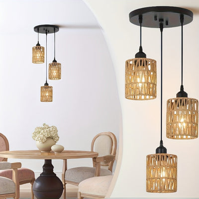 1 lámpara de techo bohemio de 3 luces con sombra tejida en mimbre - Decoración moderna para comedor, cocina y dormitorio - Base E27 (bombillas no incluidas) - Montaje semiempotrado, fácil instalación, diseño ligero de mimbre | Accesorios y decoración par