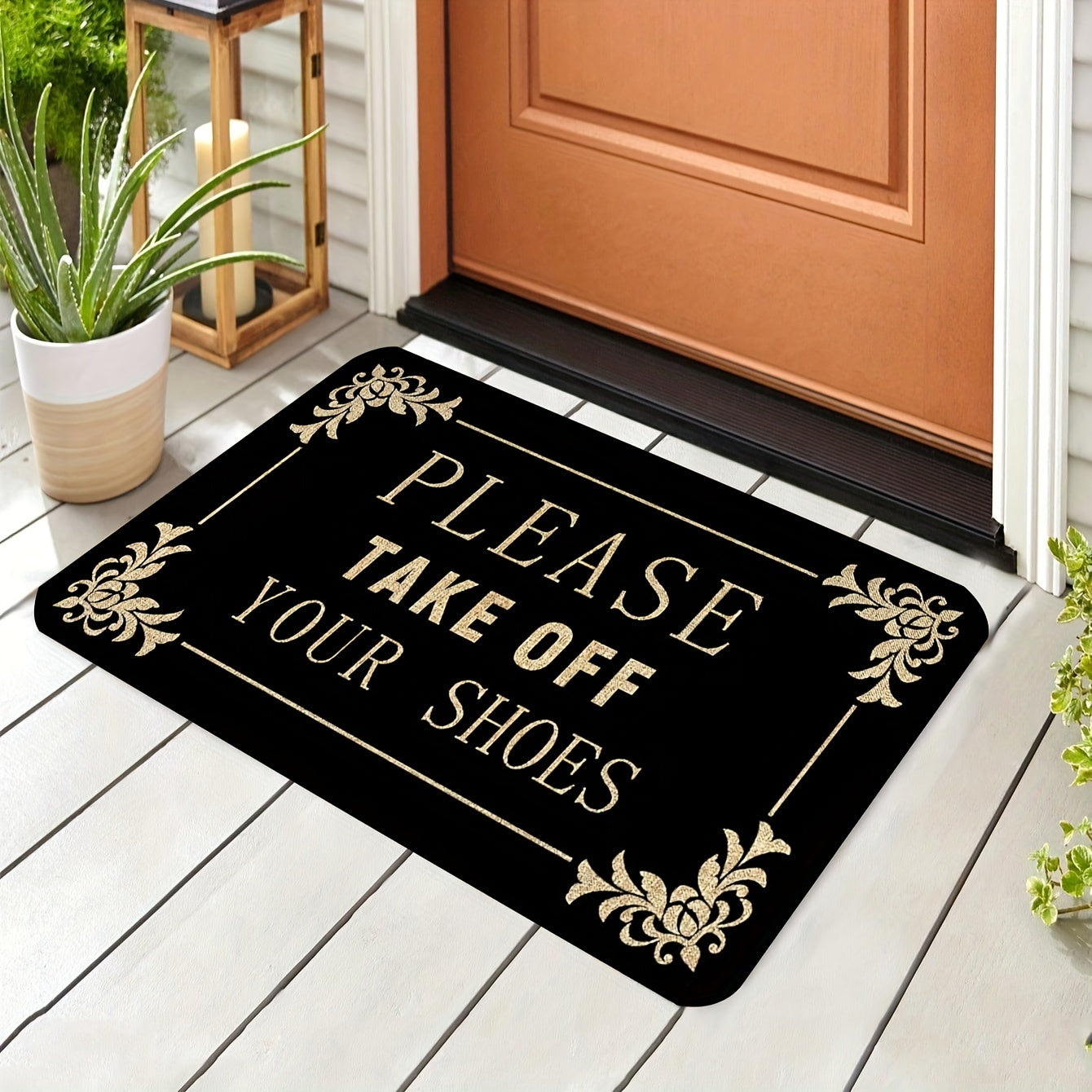 1pc, "Por favor, quita tus zapatos" Alfombra de bienvenida, alfombrilla de poliéster antideslizante, respaldo de PVC rectangular, decoración para la puerta principal, cocina, jardín, patio, porche, lavable en máquina