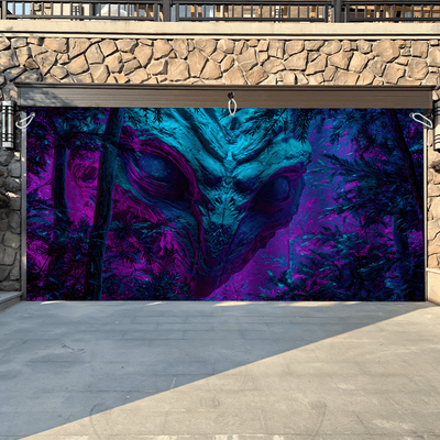 1 pieza de letrero de puerta de garaje de criatura alienígena mística - Gran decoración de arte de pared al aire libre con diseño vibrante de púrpura y azul, perfecto para fondos de fiestas de Halloween, decoración de jardín y celebraciones de fantasía,