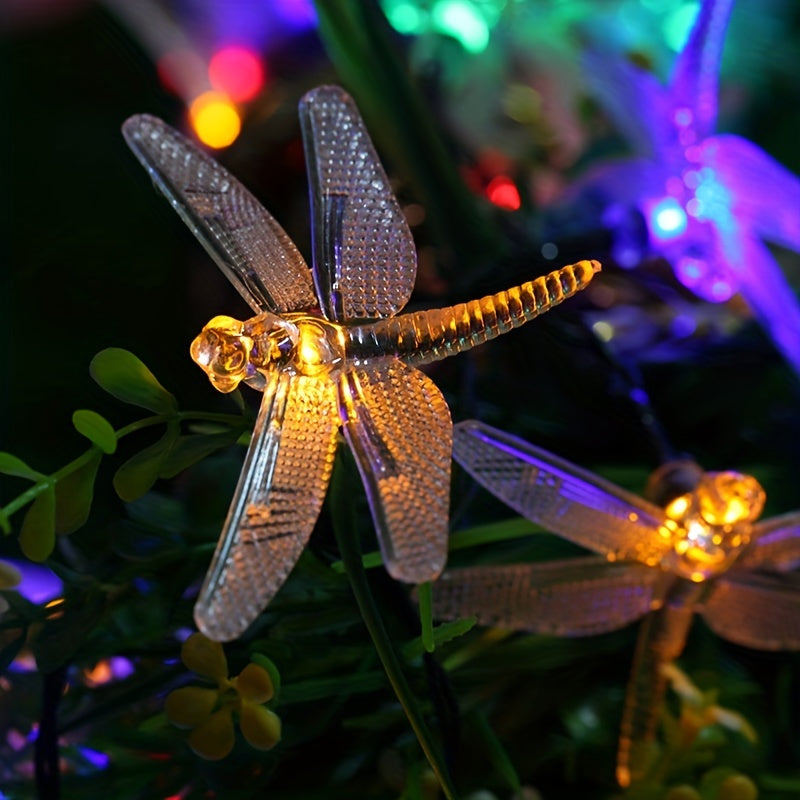 Luces de Cadena de Libélula con Energía Solar, 8 Modos, Decoración Exterior Impermeable para Jardín, Balcón, Árboles y Caminos - Multicolor, Control con Botón, 3.5m con 10 LED