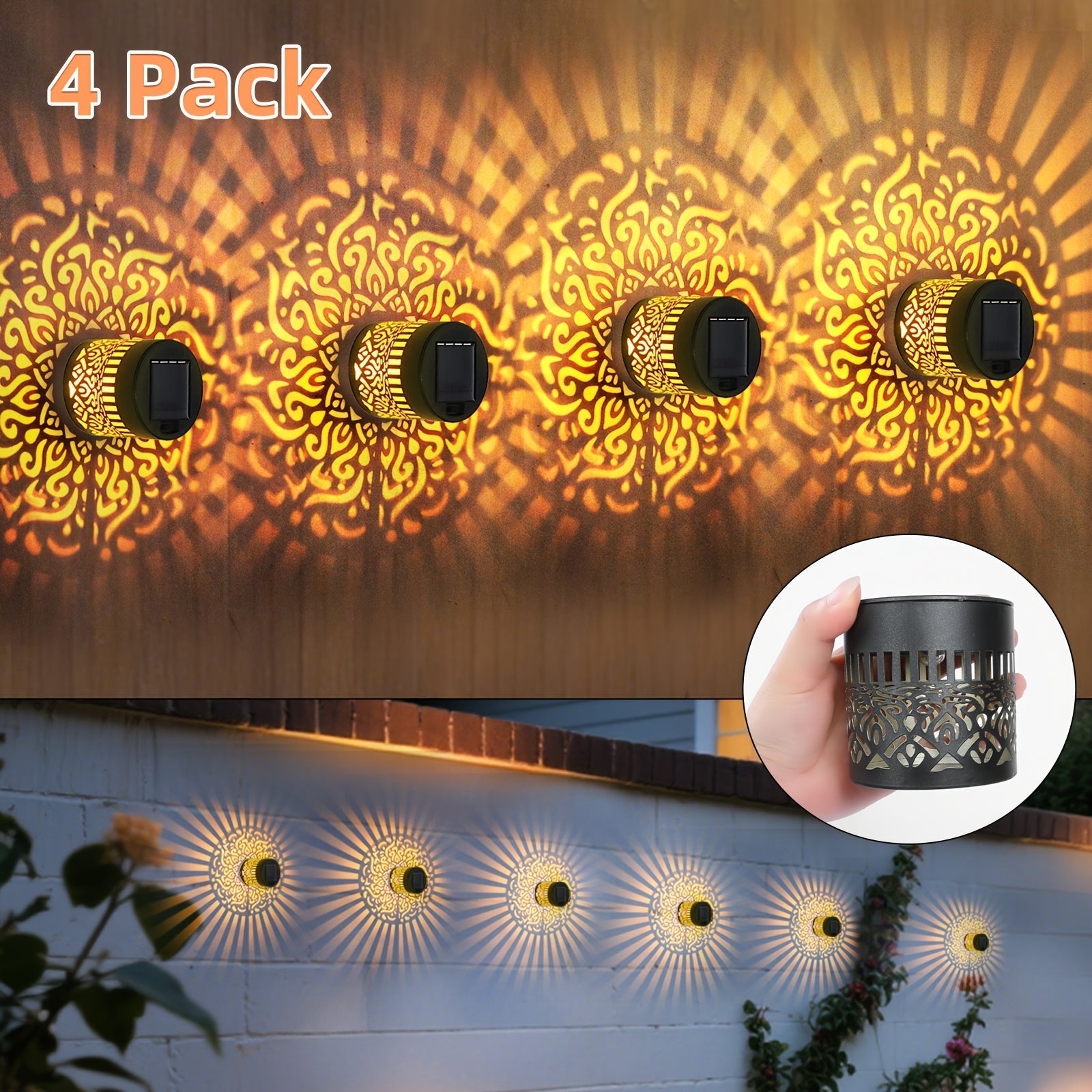 4 Piezas de Farol Solar Exterior IP65 Impermeable, Luces de Pared Metálicas para Porche, Faroles Redondos Brillantes para Exteriores, Iluminación Vintage para Patio y Pasillo con Encendido Automático al Anochecer - Luces para Jardín y Entrada de Casa