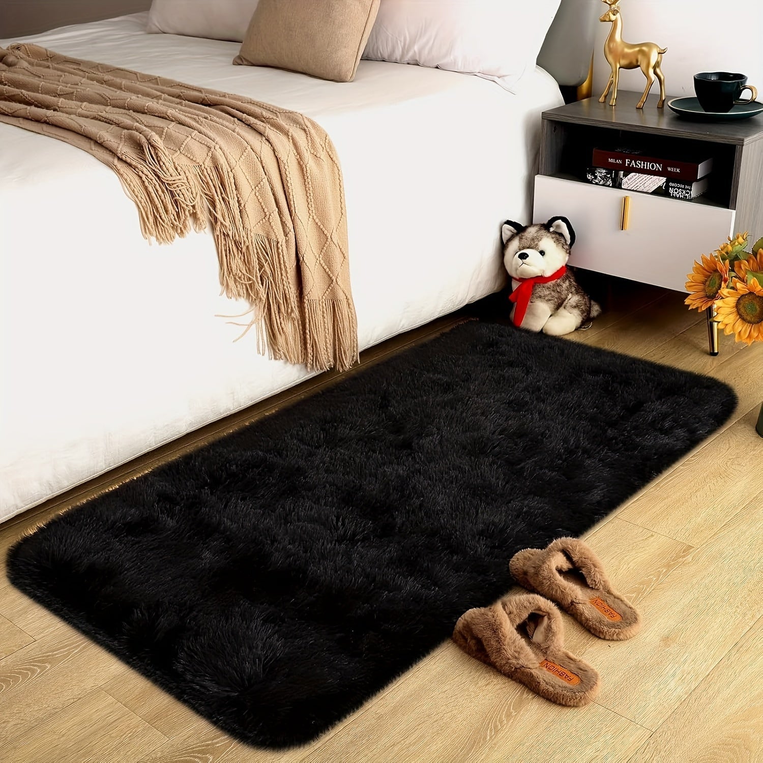 1pc Alfombra de Área Rectangular CozyHome de Pelusa, Color Sólido de Poliéster Tejido, Pila Larga de Pelo Falso Suave, Decoración para el Hogar Resistente y Amigable con la Piel, Fácil de Cuidar Limpieza en Seco, para Sala de Estar Dormitorio Alfombra de