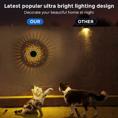 2 luces de pared huecas alimentadas por energía solar - Diseño de girasol y mandala, luces decorativas de jardín al aire libre de montaje semienterrado con sensor de luz, fijo de metal recargable para patio, jardín o porche, decoraciones solares al aire