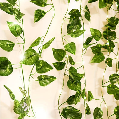 Luces de cuerda de vid artificial con hojas de ivy verdes - Luces de cadena al aire libre con batería, material PE, LED de un solo color, sin batería, componentes electrónicos incluidos, tensión de funcionamiento ≤36V, iluminación decorativa para hogar y