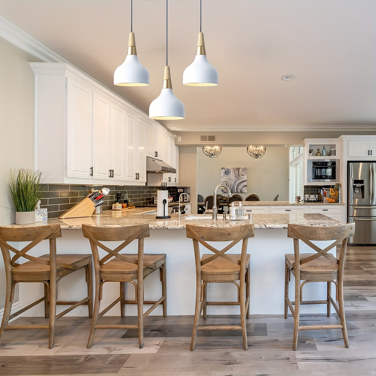 Luz colgante nórdica blanca moderna con cadena ajustable - Acabado metálico elegante, montaje semibrillo para isla de cocina, comedor, dormitorio y sala de estar - Cableado, 110-240V, no necesita batería, iluminación de dormitorio | Acabado metálico eleg