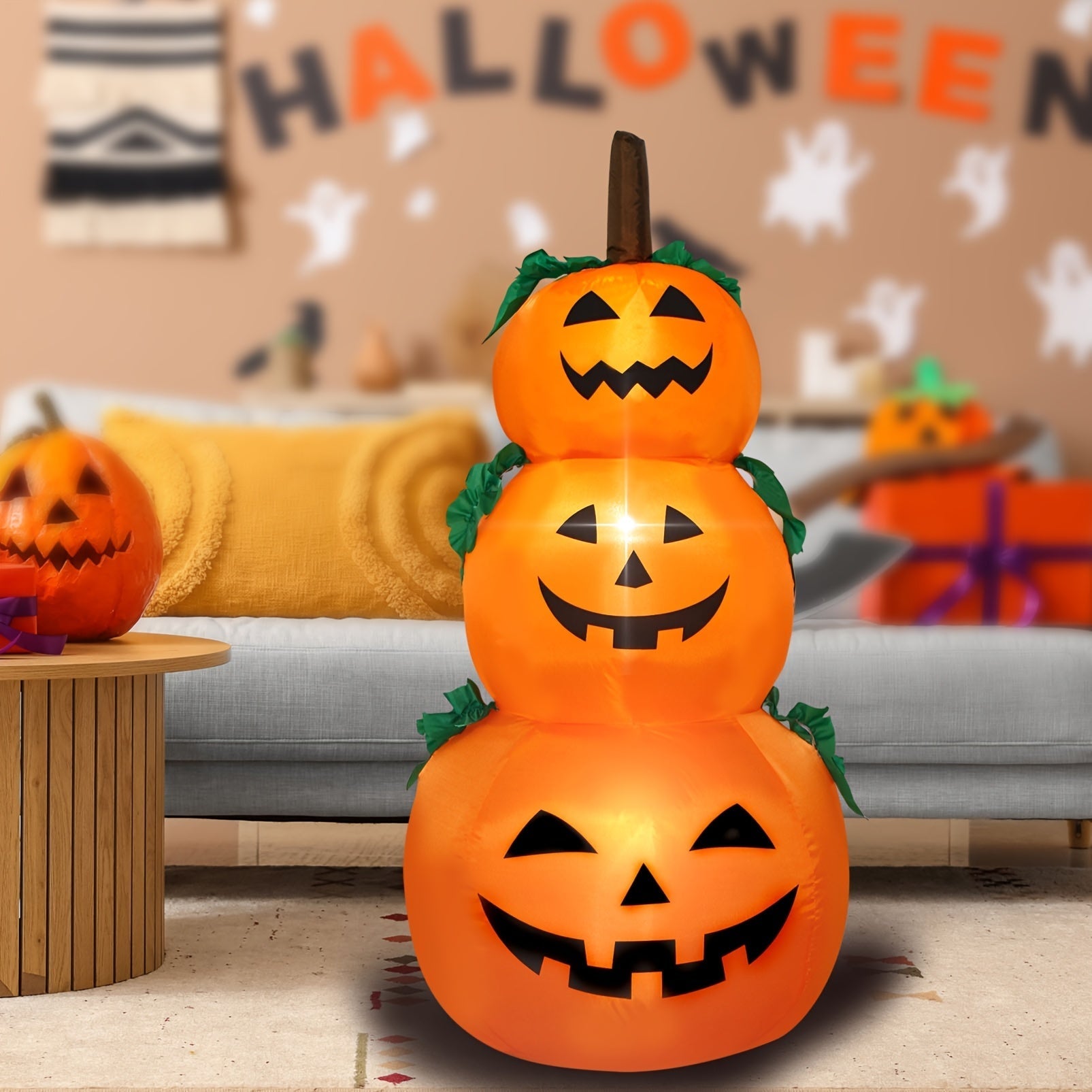 1pc, Calabazas inflables de Halloween de 3 pisos con luces integradas, decoración de escena, decoración de habitación, decoración de hogar, decoración de fiesta de vacaciones, decoración de Halloween IPX4 a prueba de agua