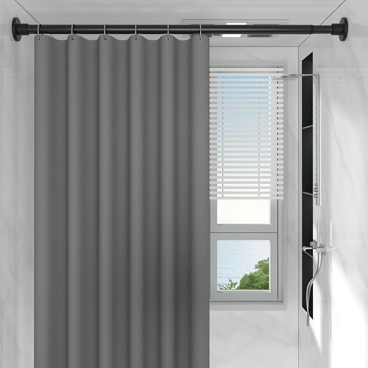 1pc Barra Telescópica Sin Taladro con Resorte Incorporado - Soporte de Gravedad Fuerte para Cortinas de Ducha, Estantes de Secado, Tratamientos de Ventanas, Barras Romanas y Soporte para Armarios