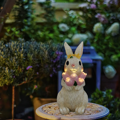 Linterna solar exterior IP65 de resina con conejo sosteniendo tulipán, luz ambiental LED para jardín, patio, terraza, escalones y villa - Decoración navideña para San Valentín, Acción de Gracias, Pascua, Halloween y Navidad