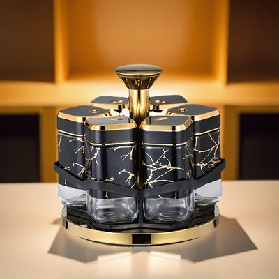 [Tarros de Especias de Vidrio Dorados] Set de 6 pzas de Tarros de Especias de Vidrio con Acentos Dorados - Contenedores Giratorios Seguros para Alimentos - Botellas de Condimentos para Cocina con Estante para Especias
