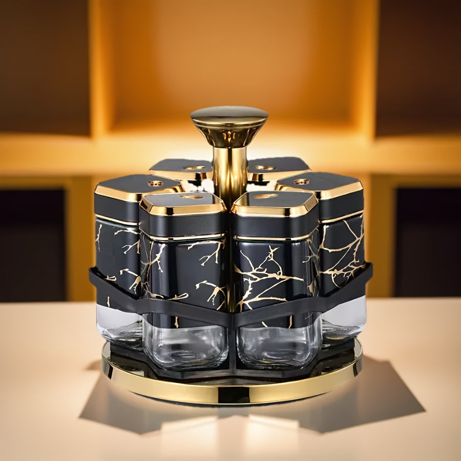 [Tarros de Especias de Vidrio Dorados] Set de 6 pzas de Tarros de Especias de Vidrio con Acentos Dorados - Contenedores Giratorios Seguros para Alimentos - Botellas de Condimentos para Cocina con Estante para Especias