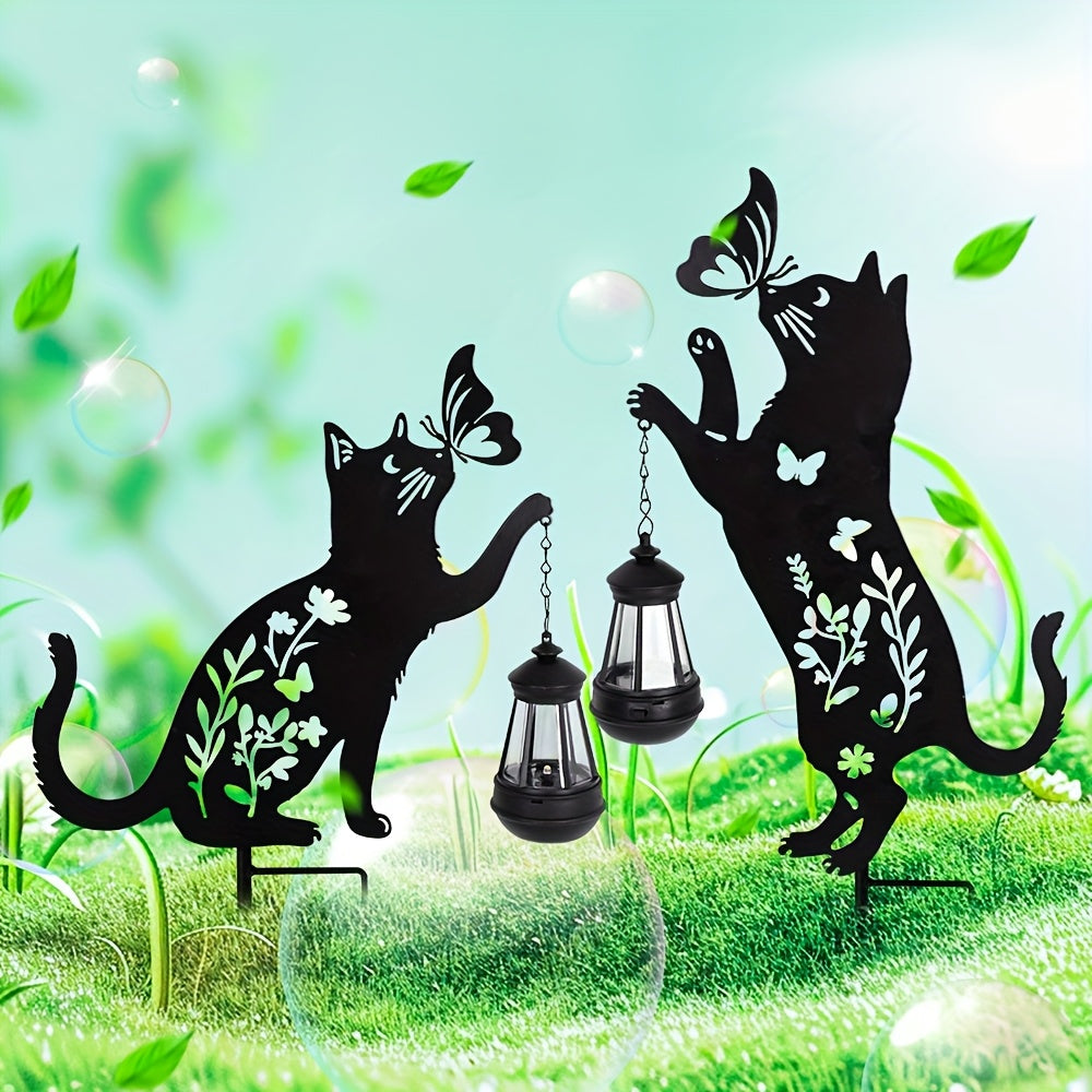 2pcs Luces solares con silueta de gato - Escultura de arte en hierro, luces de jardín para exteriores para decoración de césped y patio, iluminación exterior de metal de bajo consumo con control de sensor de luz, decoración de gato, iluminación ambiental