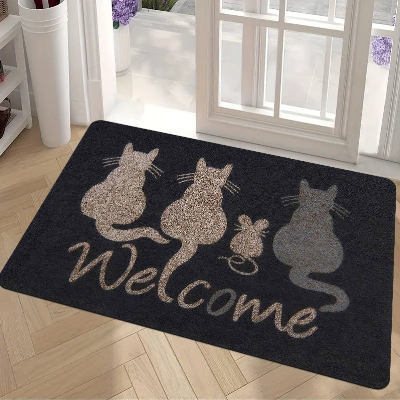 1 pieza de alfombrilla de bienvenida con tema de gatos, poliéster franela + base de esponja de 1 cm, diseño minimalista retro con múltiples siluetas de gatos, ligero, hecho a máquina, ideal para sala de estar, baño, lavandería, decoración de cocina - Per