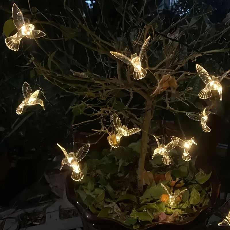 Luces de Cadena LED con Energía Solar en Forma de Colibrí - 20 Luces Hadas Multicolores para Jardín Exterior, Patio y Decoración de Cercas, Eficiente en Energi