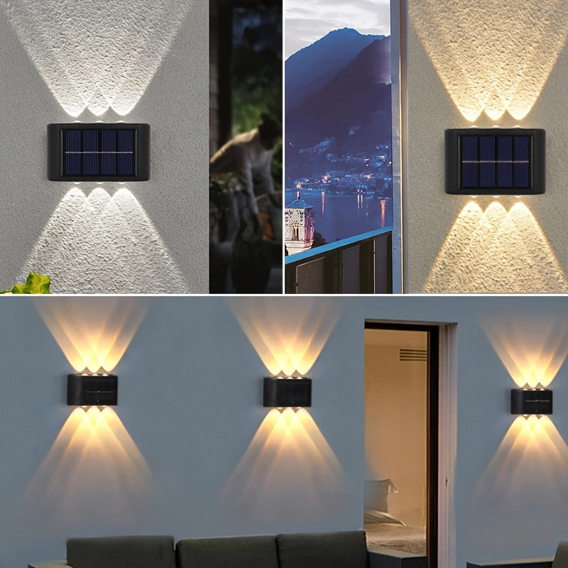 2 luces solares para pared con lente cóncava, luces exteriores para patio con luz cálida/blanca, adecuadas para uso doméstico, villa, jardín, valla, luces para pared, luces exteriores para paisaje