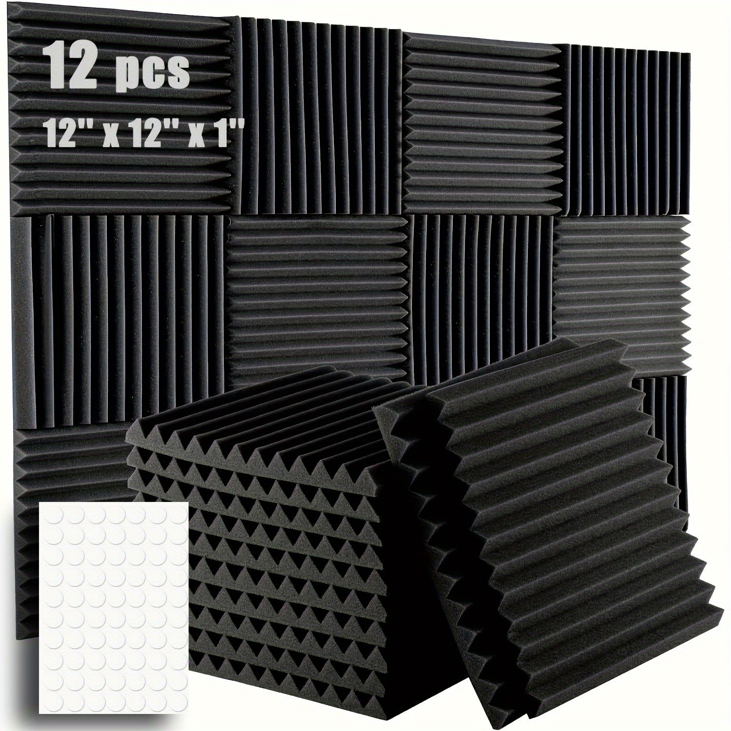 12 piezas de esponja absorbente de sonido con adhesivo, 30.48 cm x 30.48 cm x 2.54 cm, alta densidad ignífuga para estudio de grabación aislamiento acústico corrugado