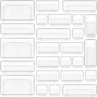 Juego de 25 piezas de organizadores de cajones de plástico transparente, 4 tamaños versátiles para baño y tocador, bandejas de organización para maquillaje, dormitorio, gadgets de cocina, utensilios y oficina.