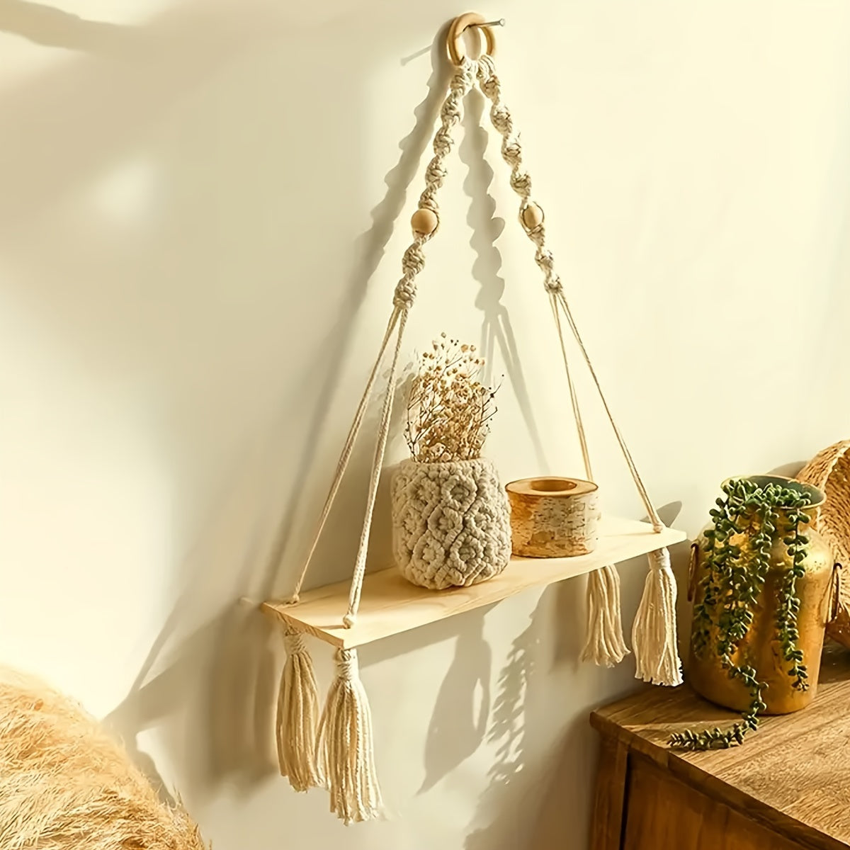 1PC Estante Colgante De Macramé Boho Hecho A Mano Con Plantas De Madera Flotantes, Decoración Estética De Habitación, Decoración Del Hogar, Accesorios De Cocina, Decoración De Baño, Decoración De Dormitorio