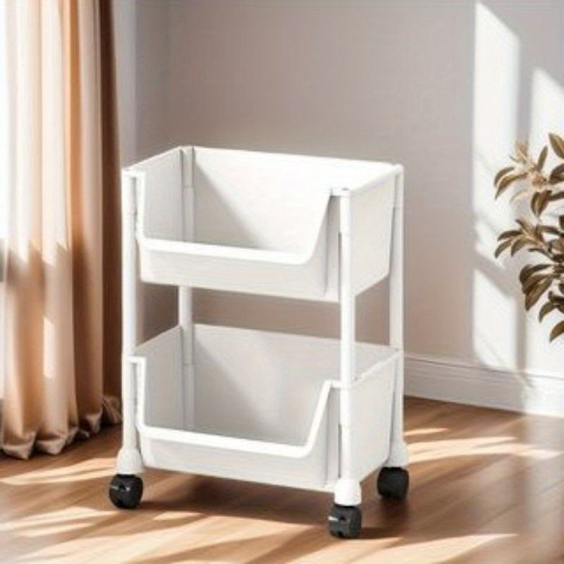 Un carro de almacenamiento de cocina con ruedas disponible en 1, 2, 3, 4 o 5 niveles, adecuado para optimizar el espacio y el almacenamiento en cocinas, salas de estar, dormitorios y dormitorios; presenta una apariencia limpia.