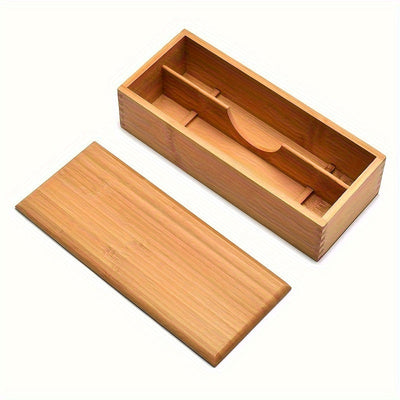Un contenedor de almacenamiento de cubiertos con tapa - un organizador de cocina conveniente para palillos, tenedores y cucharas, con un diseño de madera de dos secciones, un portacubiertos portátil.