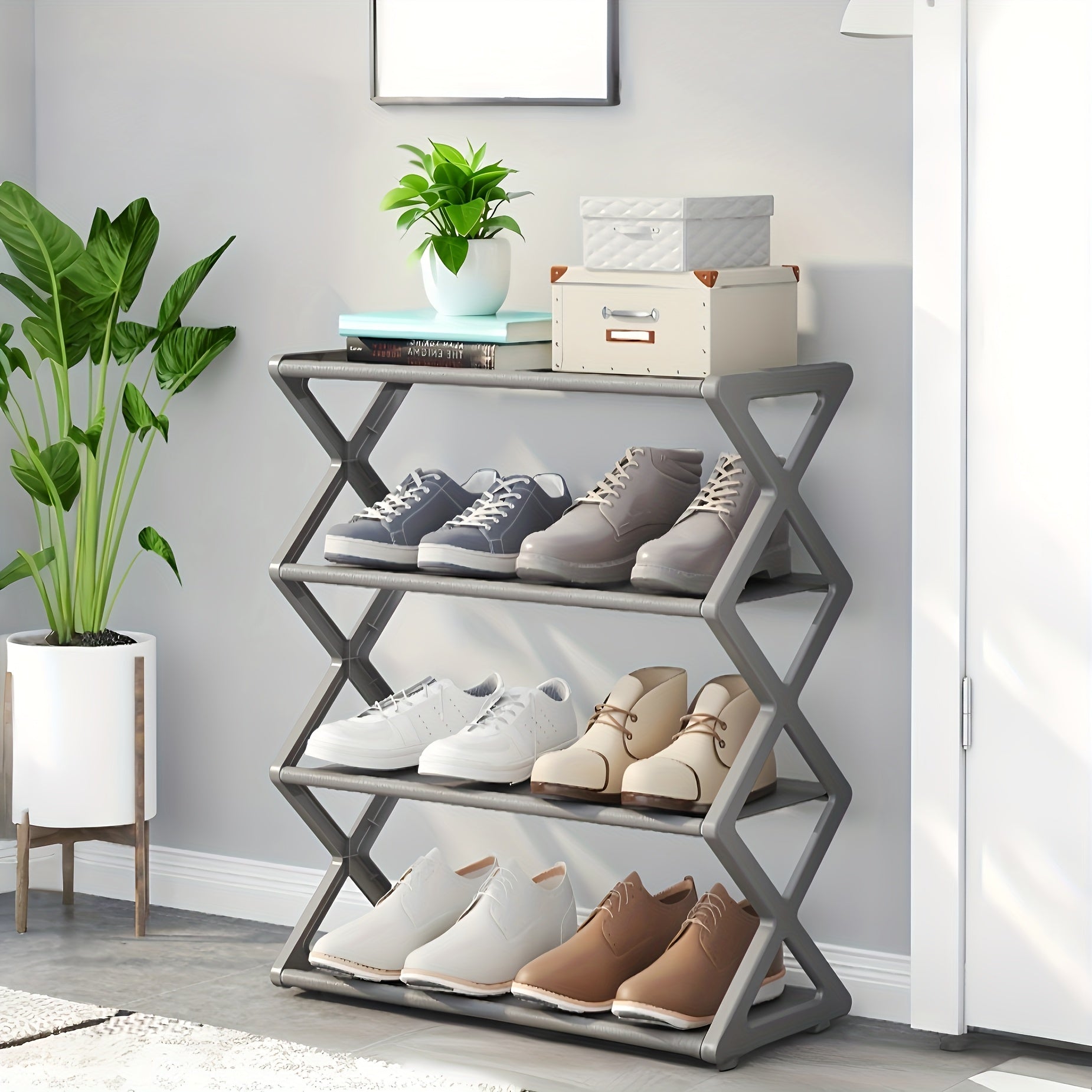 Estante de zapatos plegable y apilable de plástico - Caja de almacenamiento en forma de X que ahorra espacio, adecuada para entradas, pasillos, dormitorios y dormitorios, fácil de ensamblar, diseño duradero de plástico, caja de almacenamiento y organizac