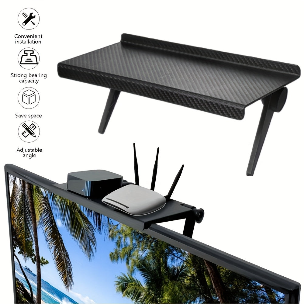 Estante flotante resistente estilo fibra de carbono negro para TV, computadora y router, organizador ahorrador de espacio para oficina en casa, sala o habitación, ángulo ajustable, construcción duradera de plástico y metal, organizador de electrónicos |